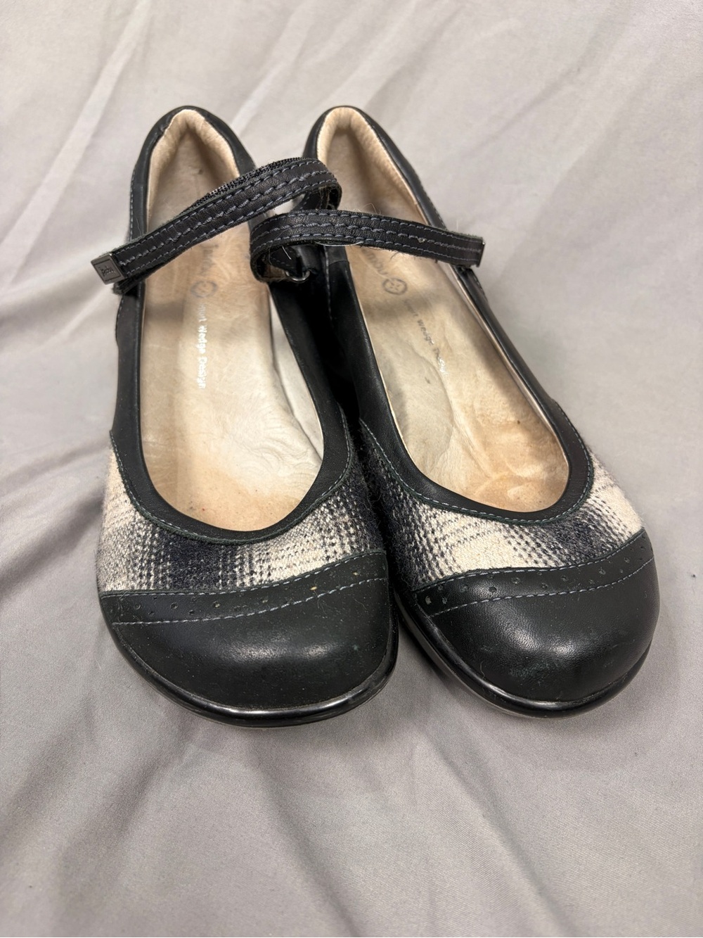 Jambu Mary Jane Shoes Black Leather Plaid Brogue Wedge Size 7.5